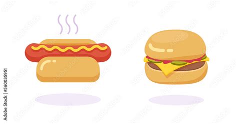 Burger And Hotdog Icon Vector Flat Drawn Or Hamburger Cheeseburger And