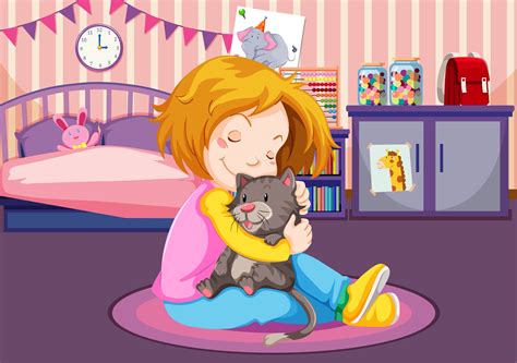 Young girl cuddling a kitten 303208 Vector Art at Vecteezy