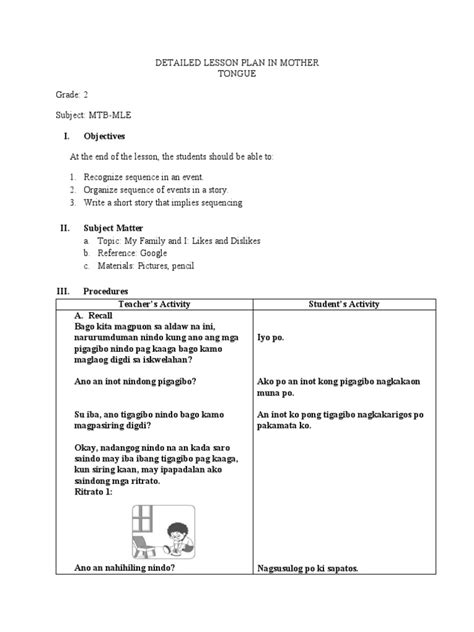 Lesson Plan Mother Tongue Grade 2docx Pdf