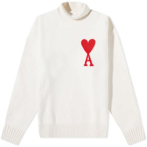 AMI Large A Heart Roll Neck Knit In Off White Red AMI