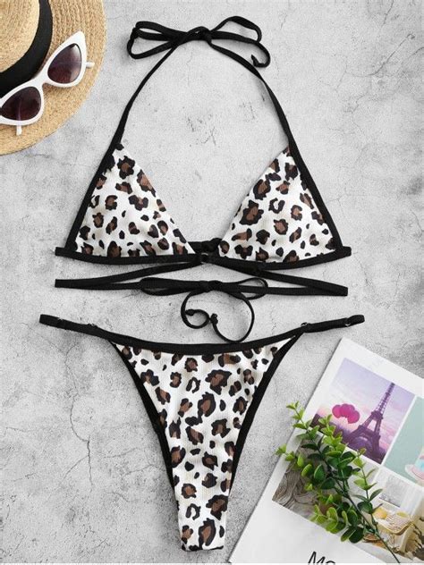 Off Zaful Leopard Ribbed Scrunch Butt String Bikini Swimwear