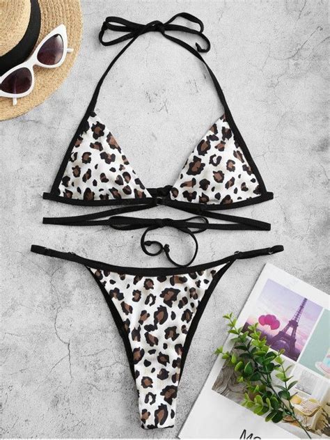 Off Zaful Leopard Ribbed Scrunch Butt String Bikini Swimwear Hot Sex