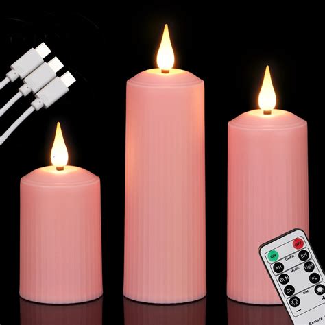 Freepower Set Of 3 Pink Rechargeable Flameless Candle With Timer Remote Flickering