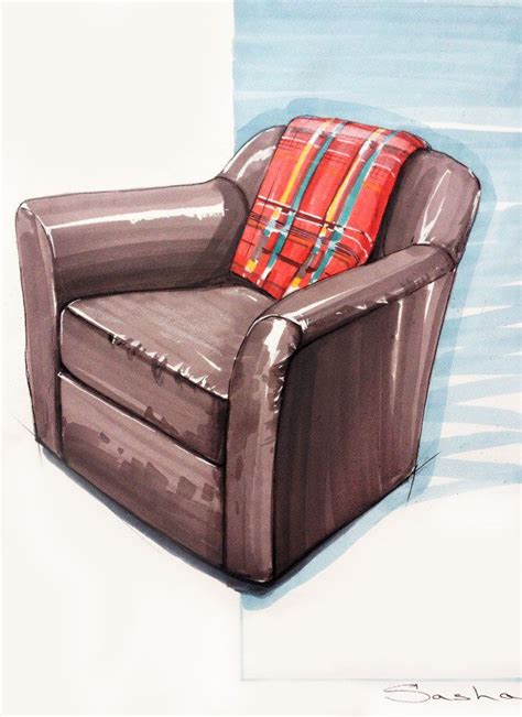 A Drawing Of A Brown Chair With A Red Pillow On It S Back And A Blue