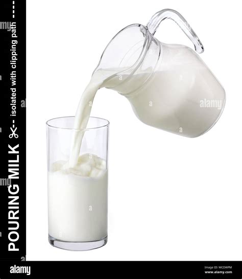 Pouring Milk From Jug Into Glass Isolated On White Background Stock