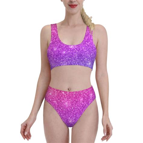 Lukts Women High Waisted Bikini Set Pink Purple Glitter Swimsuit