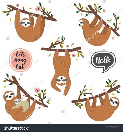 Vector Set Of Cute Sloths Hanging On The Tree Includes Mother With Baby