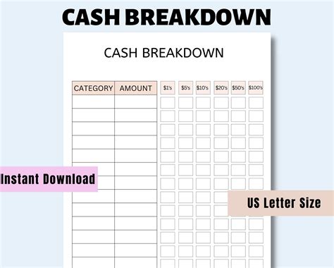 Printable Cash Breakdown Sheet PDF Money Breakdown Form by - Etsy UK