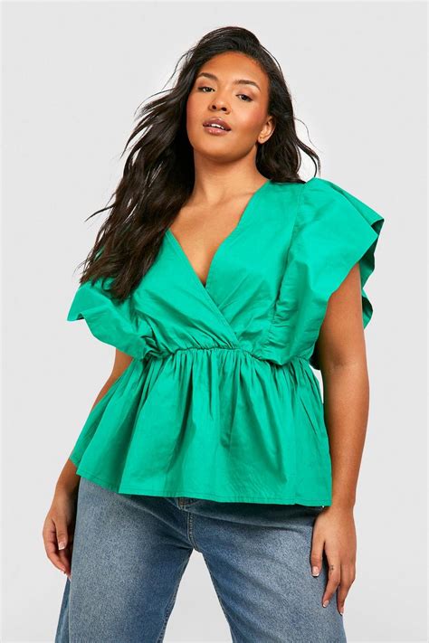 Green Plus Cotton Poplin Ruffle Smock Top Boohoo Uk