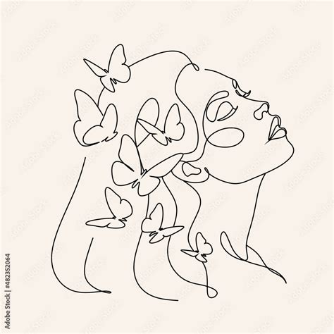 Woman Face With Butterfly Line Art Female Hands With Butterflies