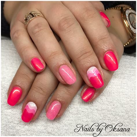 Gel Overlay With Gelish Coral And White Gels Mixed Gel Acrylic Nails