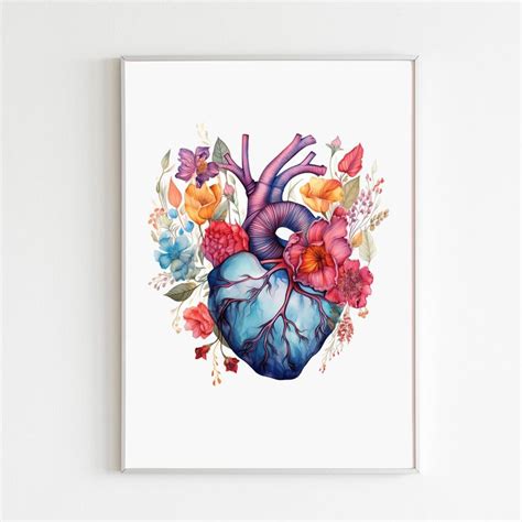 Heart Watercolor Art Print Anatomical Heart Art With Flowers Medical