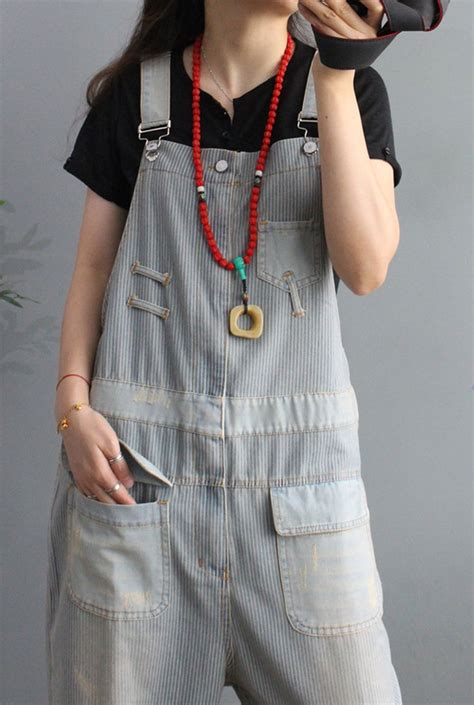 Womens Loose Fitting Casual Stripes Cotton Overalls With Etsy