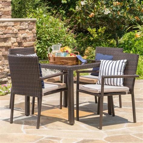 Noble House Multi Brown Piece Plastic Faux Rattan Outdoor Dining Set