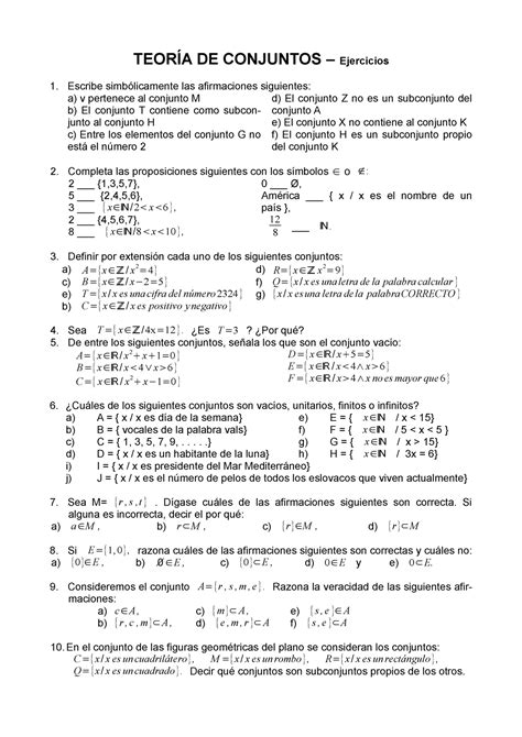 Lógica ejercicios TEORÍA DE CONJUNTOS Ejercicios Escribe