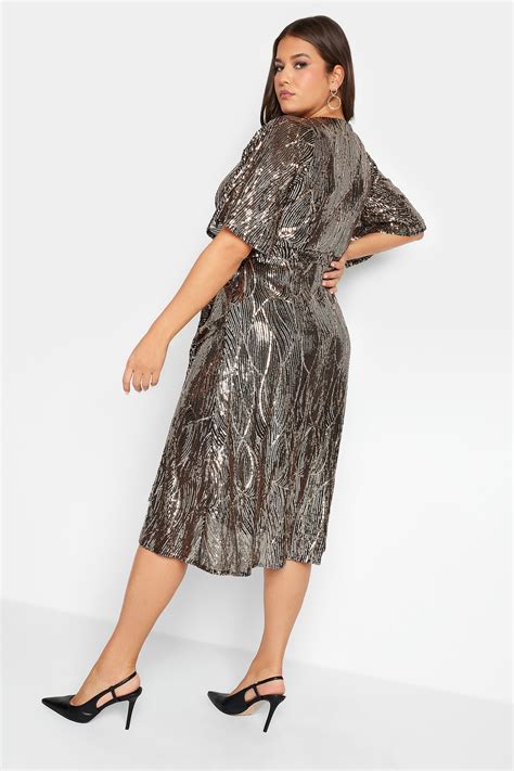 Yours London Plus Size Gold Abstract Print Sequin Double Wrap Dress Yours Clothing