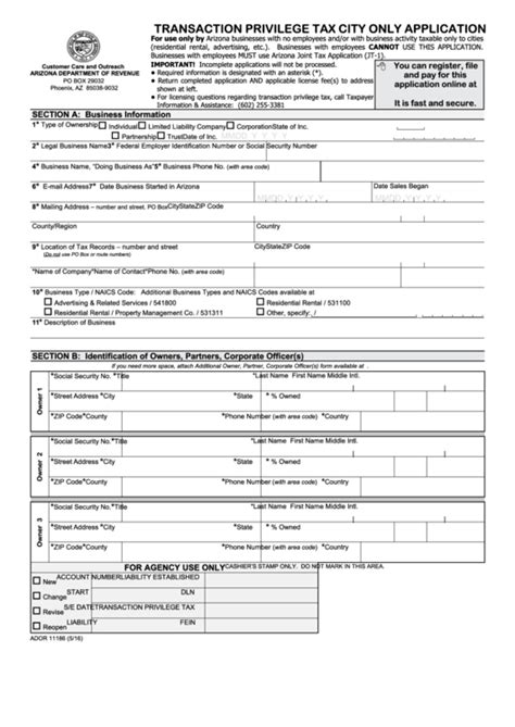 Fillable Form Ador 11186 Transaction Privilege Tax City Only