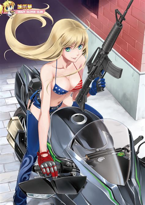 Wallpaper Gun Long Hair Anime Girls Motorcycle Weapon Chibi