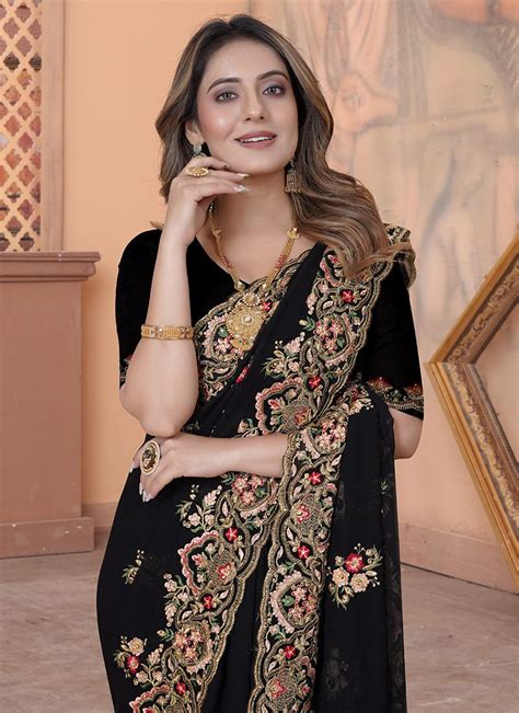 Buy Black Faux Georgette Embroidered Saree Party Wear Online At Best