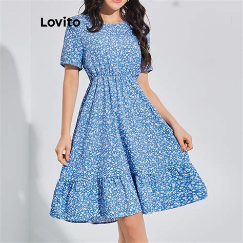 Lovito Boho Ditsy Floral Ruched Ruffle Hem Dress For Women LBL08108