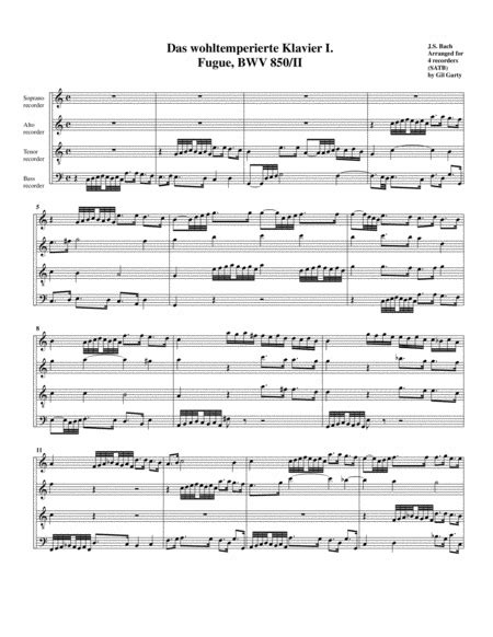 Fugue From Das Wohltemperierte Klavier I BWV 850 II Arrangement For 4