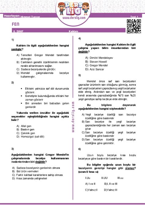 8 Sınıf Fen Bilimleri Dna Ve Genetik Kod Test 9 Yaprak Test Derslig