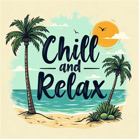 Handwritten Chill And Relax Beach Scene With Palm Trees And Sun Stock