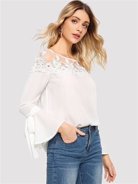 Shein Sheer Guipure Lace Yoke Tie Sleeve Top Fashion Outfits Tie Sleeve Tops