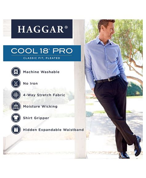 Haggar Mens Cool 18 Pro Classic Fit Expandable Waist Pleated Stretch