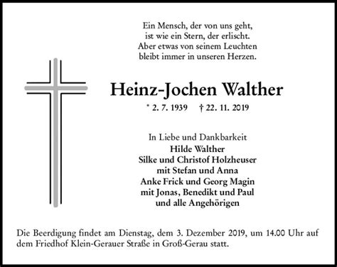 Traueranzeigen Von Heinz Jochen Walther Vrm Trauer De