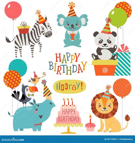 Cute Animals Birthday Wishes Cartoon Vector | CartoonDealer.com #69173561