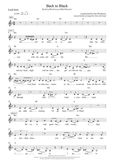 Back To Black Arr Joeri De Graaf By Amy Winehouse Sheet Music For