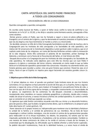 Carta Apost Lica Del Papa Francisco A Los Consagrados Pdf