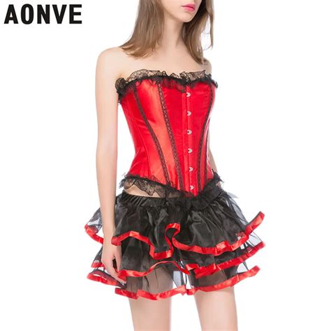 Aonve Corsets Sexy With Skirt Steampunk Corset Gothic Red Corsages