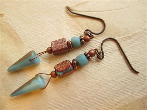 Aqua Rust Spike Earrings Raku Ceramic Cone Earrings African Bead Copper Niobium Ear Wires By