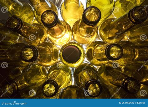 Yellow Glass Empty Beer Bottles Lie In Rowsglass Beer Bottles Lie In Rows Necks On Camera