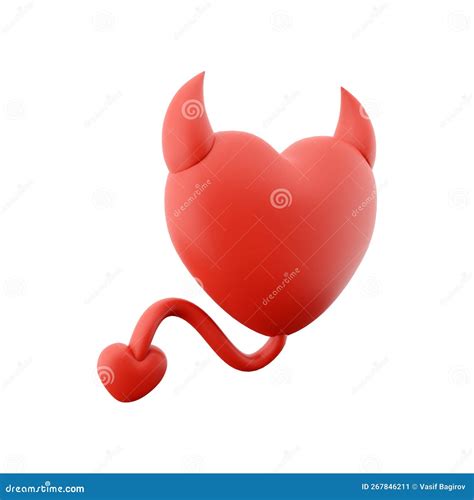3d Rendering Devil Heart Icon Concept Red Shiny With Horns Tail 3d