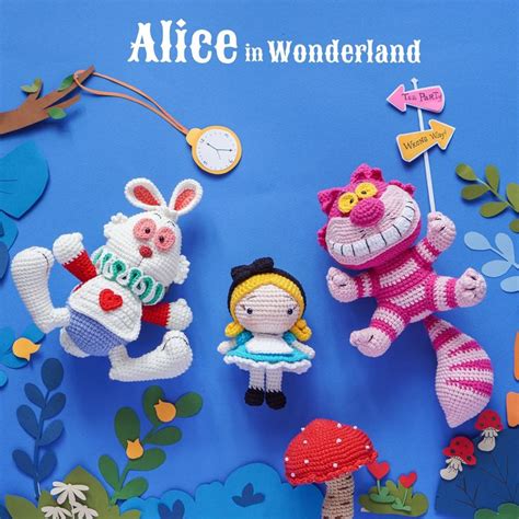 Crocheted Toys Are Displayed On A Blue Background With The Words Alice