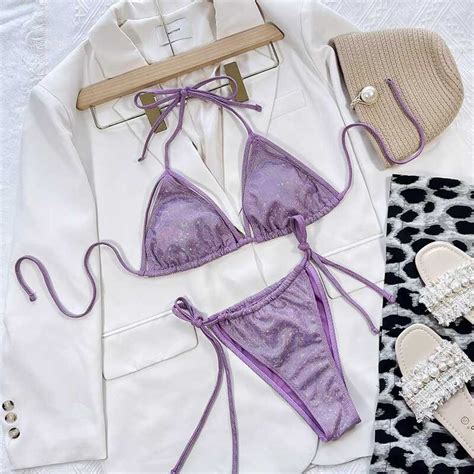 Swimsuit Sexy For Women Purple Seductive Triangle Bikini With Chest Cushion Tied Strap Beach