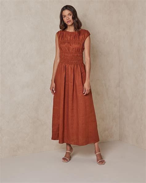 Shirred Linen Midi Dress Airrobe