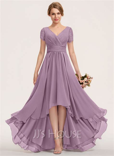 Us A Line V Neck Asymmetrical Chiffon Lace Bridesmaid Dress