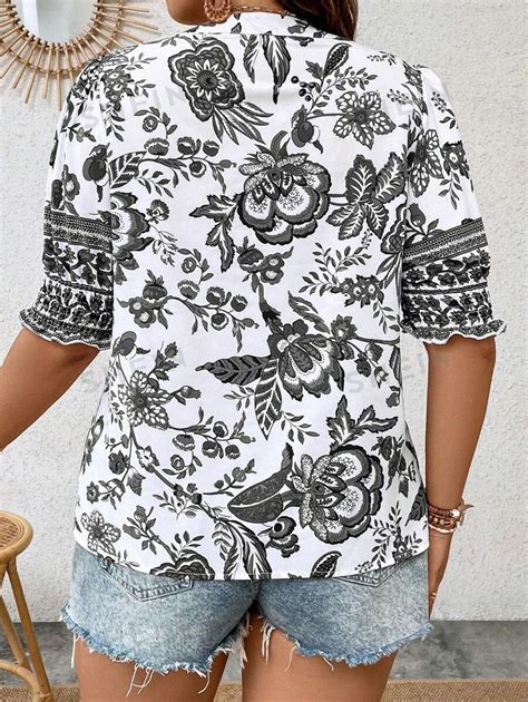 Shein Essnce Talla Grande Blusa Con Estampado Floral De Cuello Notch De