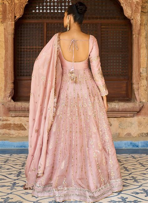 Rose Pink Satin Organza Anarkali Lashkaraa