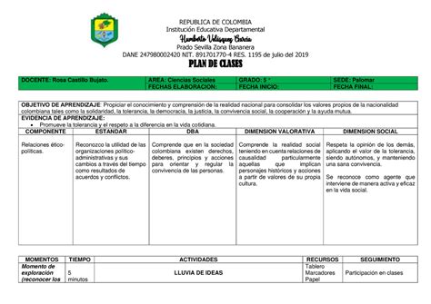 PLAN DE Clases Sociales Grado 5 InstituciÛn Educativa