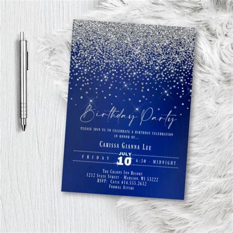 Royal Blue And Silver Birthday Party Invitation Formal Glitter And Sparkles Printed Or