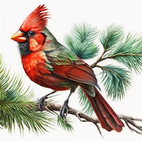 Premium Photo A Painting Of A Cardinal Bird Perched On A Pine Tree