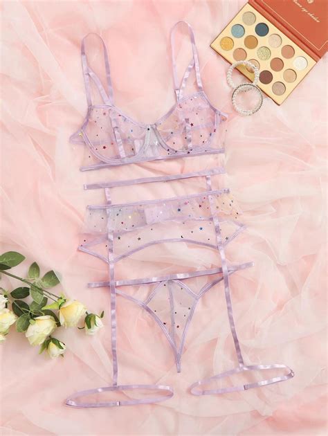 Dessous Set Mit Glitzer Mesh Bügel Strumpfband Aktuelle Trends