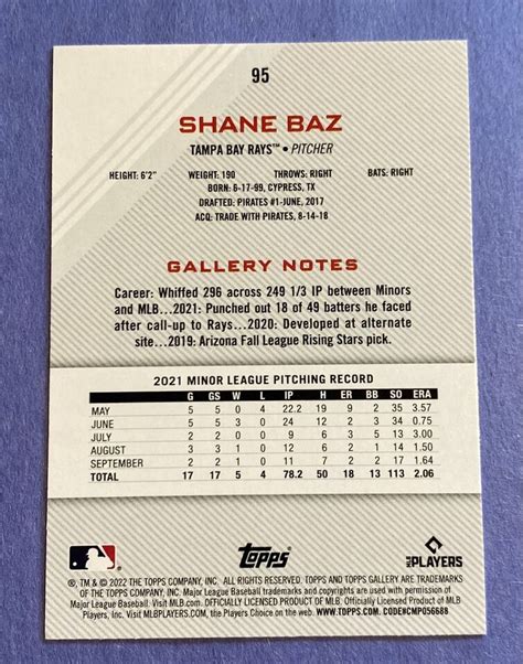 Topps Gallery Shane Baz Rookie Card Rc Tampa Bay Rays Baseball