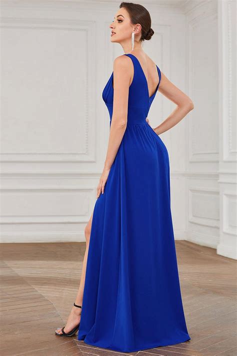 Dresses V Neck High Slit Empire Waist Floor Length Evening Dress