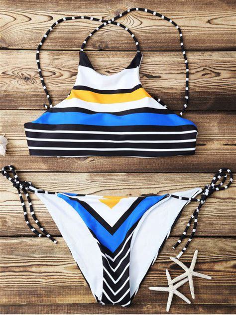 25 OFF 2021 High Neck Striped Bikini Set In COLORMIX ZAFUL